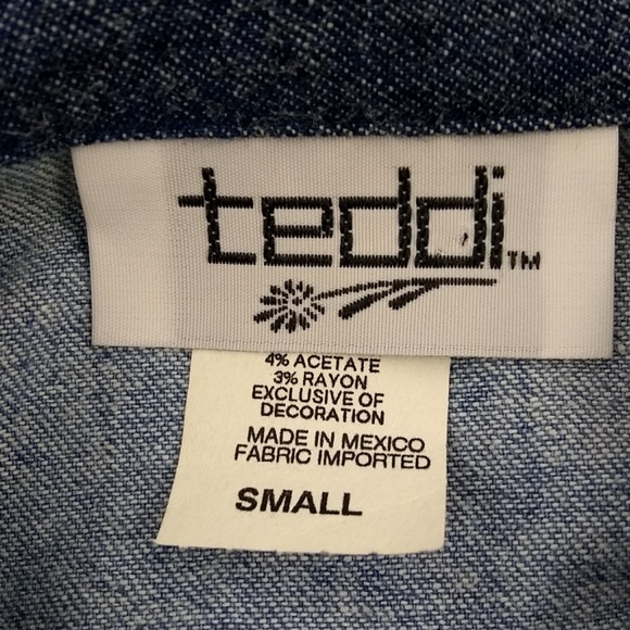 Teddi Women's Denim Patchwork Button Up Shirt Small Short Sleeve Top Blue - Picture 4 of 6